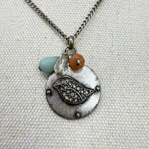 FOSSIL Bird Charm Necklace Silver Tone Dangle Key Lock Pendant Whimsy